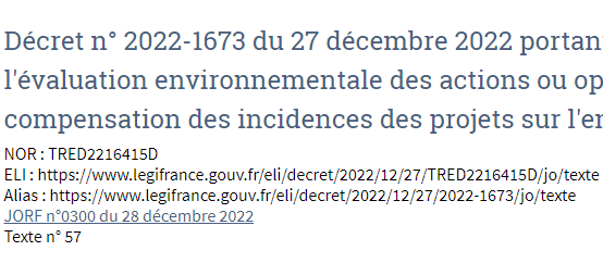 Décret portant diverses dispositions relatives à l'évaluation environnementale des actions ou opérations d'aménagement et aux mesures de compensation des incidences des projets sur l'environnement
